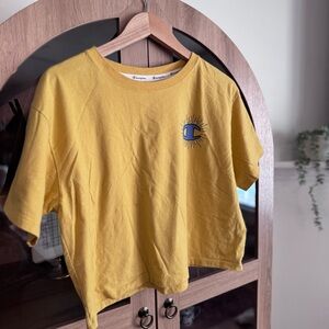 Champion Yellow Cropped Graphic Tee Sunburst Logo Embroidered Sleeve Size M